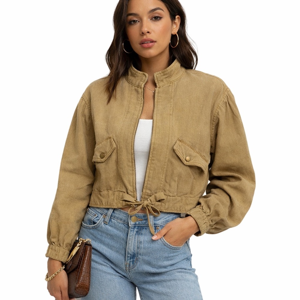Free People Poet Sleeve‎ Fawn Cropped Bomber Jacket Medium NWT
